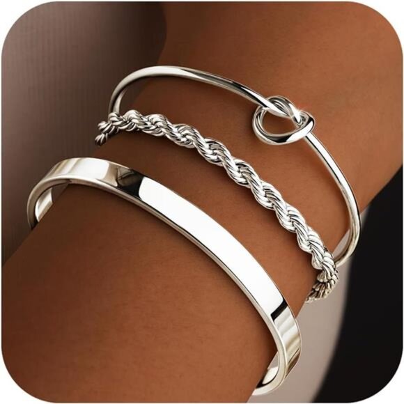 Silver Bracelets for Women Stack, Silver Cuff Bangle Set, - Picture 1 of 8